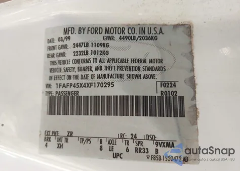 1999 Ford Mustang Gt z USA, uszkodzony, nr VIN 1FAFP45X4XF170295